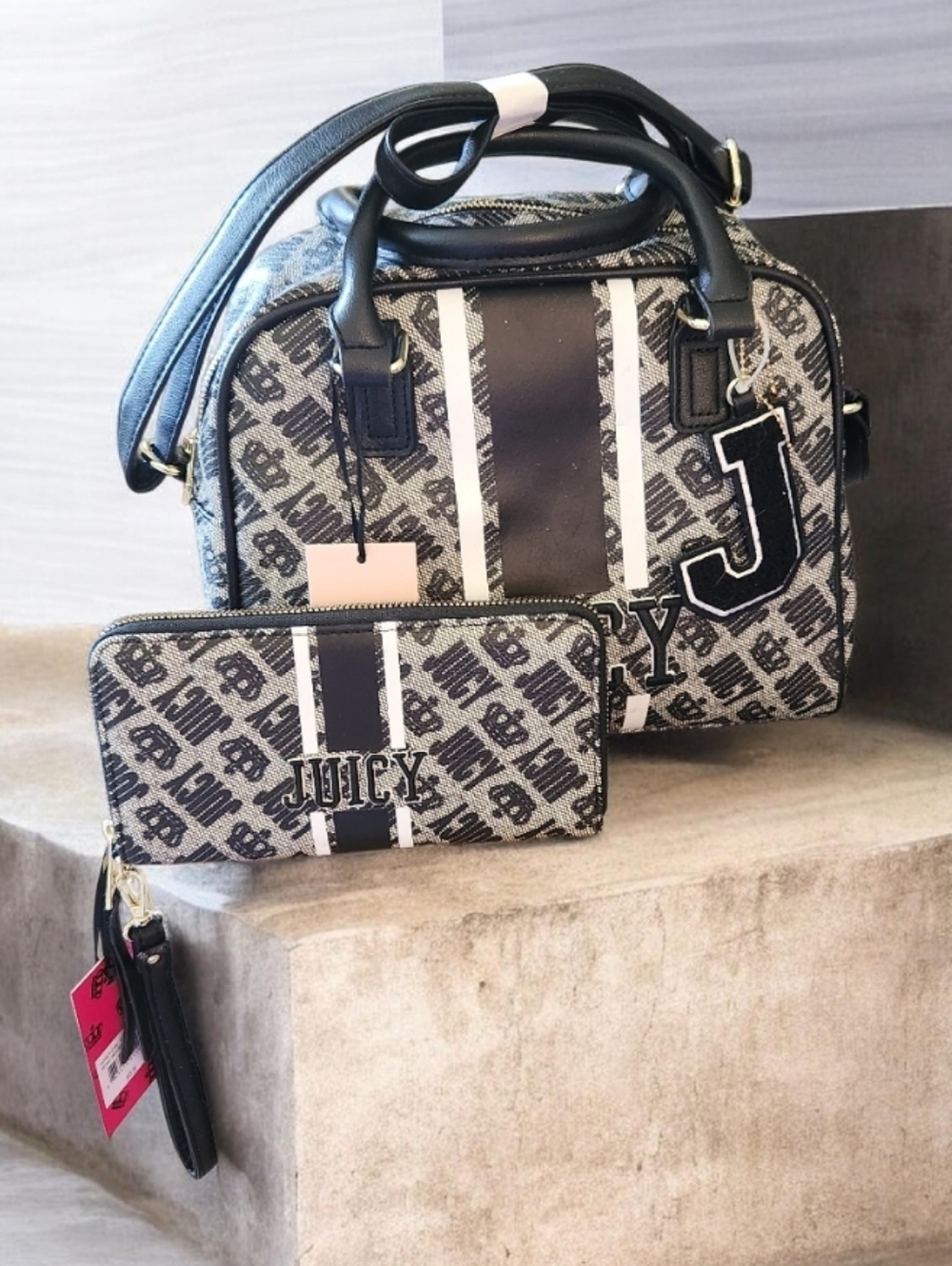 Juicy Couture Black and Cream Monogram Satchel with Matching Wallet●FIRM●